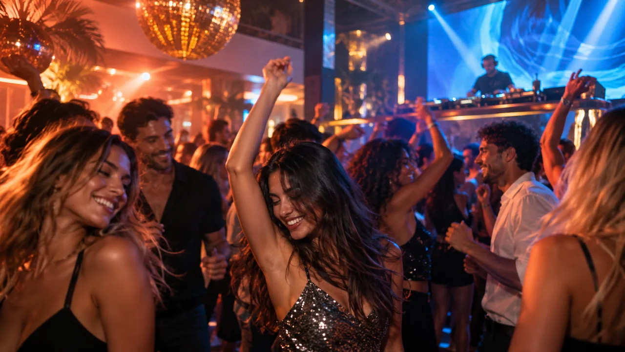 Adults dancing in a club with blue and warm lights