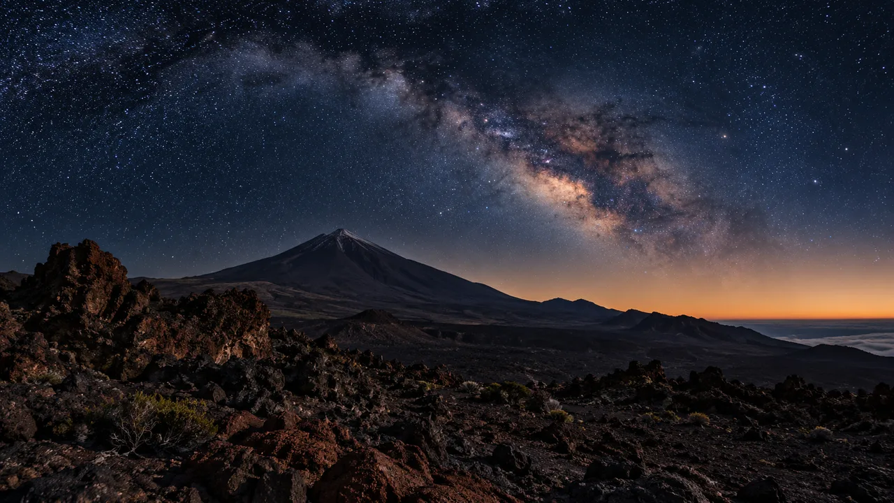 Volcanic landscape beneath a starry sky